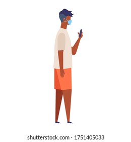 Vector illustration of the blackman texting while walking with a surgical mask.
The illustration for the topic of coronavirus, flu and cold. Vector illustration in flat style.