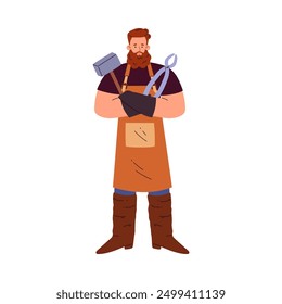 Vector illustration of a blacksmith. Cartoon figure in an apron and boots with a hammer and tongs on an isolated background. Medieval master in flat style.