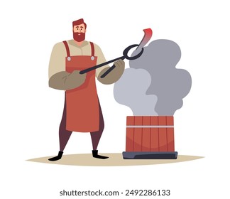 Vector illustration with a blacksmith character in an apron and gloves, who holds melted iron with iron tongs next to a barrel from which steam rises
