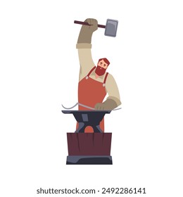 Vector illustration of a blacksmith in flat cartoon style. A bearded figure in an apron working on an anvil, depicted on an isolated white background. A blacksmith forges iron.