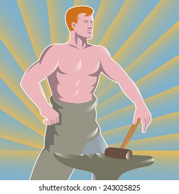 Vector illustration of a blacksmith with hammer and anvil done in the retro style.
