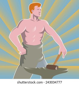 Vector illustration of a blacksmith with hammer and anvil done in the retro style.