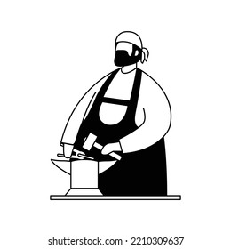 Vector illustration of a blacksmith with a hammer, tongs and an anvil. Profession. Outline