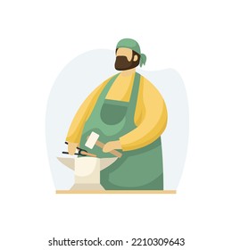 Vector illustration of a blacksmith with a hammer, tongs and an anvil. Profession. Flat style