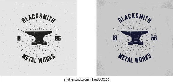 Vector illustration of a blacksmith logo with grunge texture on the background. Color illustration of anvil, rays and textured texture. Professional blacksmith services