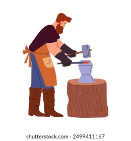 Vector illustration with a blacksmith who forges a hot metal part with a hammer on an anvil that stands on a stump, perfectly reflects the skill in blacksmithing