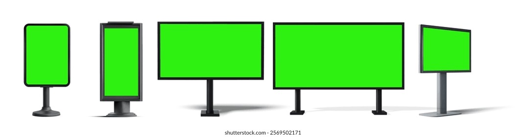 Vector illustration of blank advertising billboards with green screens in various shapes and sizes. Perfect for outdoor advertisement, promotional design, or mockup projects.