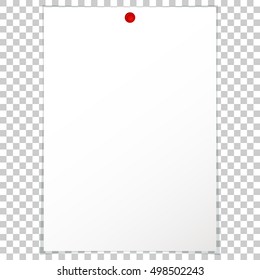 Vector illustration of a blank album sheet of paper attached to a red pushpin. Isolated paper format A4 for notes, for records.