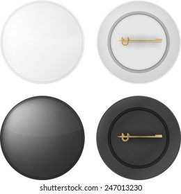 Vector illustration of blank badges. Black and white blank round badges with golden pin. Isolated vector illustrations on white background.