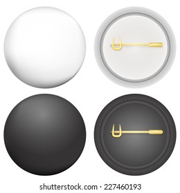 Vector illustration of blank badges mock-up. Blank black and white badges mock up with golden pin. Isolated vector illustrations on white background.