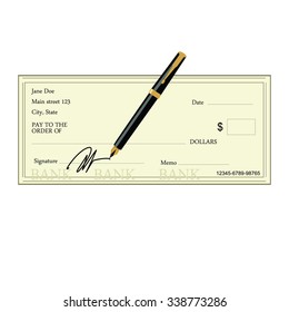 Vector illustration of blank bank check with golden pen and signature. Bank cheque icon 