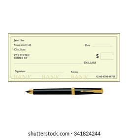 Vector illustration of blank bank check with golden pen. Bank cheque icon 