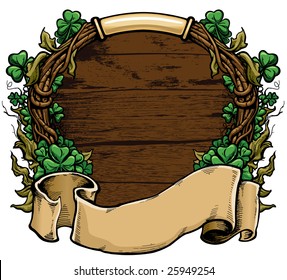 Vector illustration of a blank banner in front of an ornate wreath with clovers, vines and leaves in front of a wood background.