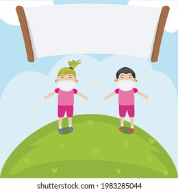 Ilustración vectorial de la pancarta en blanco, el estudiante vuelve a la escuela y el fondo del cielo.