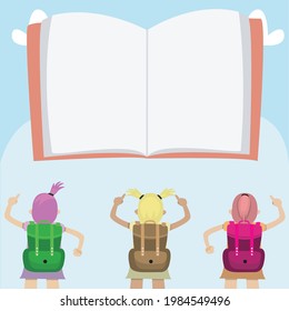 Vector Illustration of Blank Big Book and Three Student for Come Back School, Sky Background