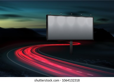 Vector illustration of blank billboard outdoors for advertising at twilight with red light vehicles trails on highway. Template of display, advertising poster at night time at suburban landscape