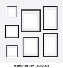 Vector illustration blank black picture frame template set isolated on wall