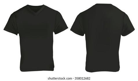 Vector illustration of blank black v-neck shirt template, front and back, realistic gradient mesh design, isolated on white