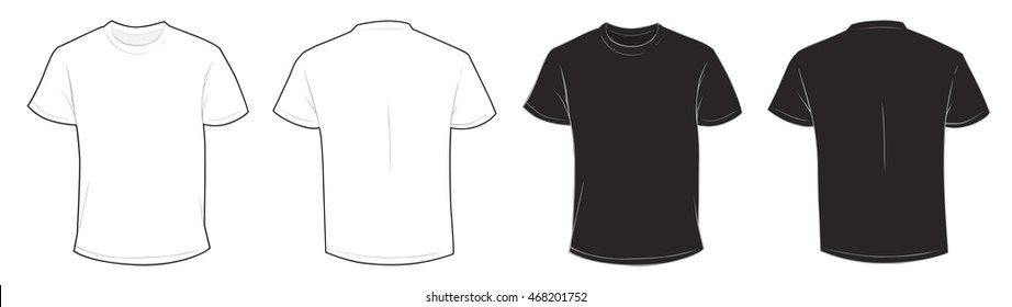 Vector illustration of blank black and white men t-shirt template, front and back design isolated on white