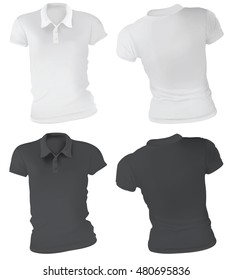 Vector illustration of blank black and white female polo t-shirt template, front design isolated on white