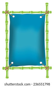 Vector illustration of blank blue canvas with layout copy space tied to bamboo frame isolated on white background 