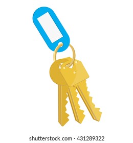 Vector illustration blank blue tag and golden keys. Bunch of keys with keychain isolated on white background