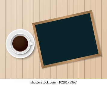 Vector illustration blank board and cup of coffee on wooden table top view