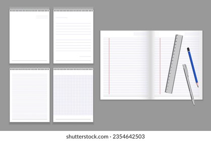 Vector illustration of blank book, paper, memo, pencil ruler pen, realistic design. Eps 10