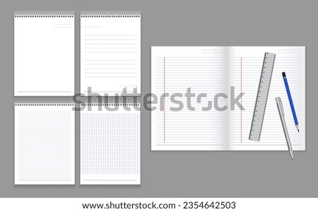 Vector illustration of blank book, paper, memo, pencil ruler pen, realistic design. Eps 10