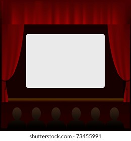 Vector illustration. A blank cinema screen lighting with people in the hall