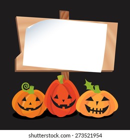 A vector illustration of a blank copy space wooden sign with a bunch of halloween jack o lantern pumpkins.