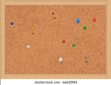 Vector Illustration Of A Blank Cork Notice Board With Thumbtacks. All Objects Are Isolated. Colors And Transparent Background Color Are Easy To Adjust.