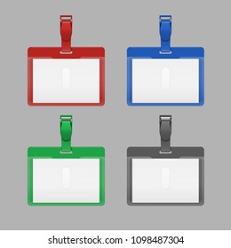 Vector illustration of blank employees identification cards with clips. Set of red, blue, green and black badges with clasp. Close up of name tag identity holders on gray background