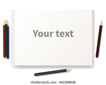 Vector illustration blank empty album format A4 for drawing with colored pencils. Clean notebook for sketches. Isolated on white background. Book sheet paper with spiral.