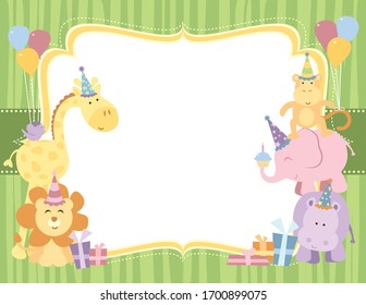 A vector illustration of a blank empty background frame with cute safari animals with birthday party hats, balloons and gifts