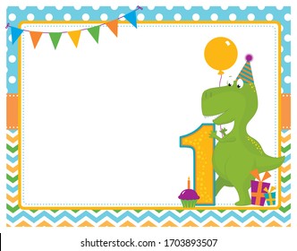 A vector illustration of a blank empty first birthday party invitation frame with a cute Tyrannosaurus Rex dinosaur holding a balloon and wearing a party hat with gifts and space for your message