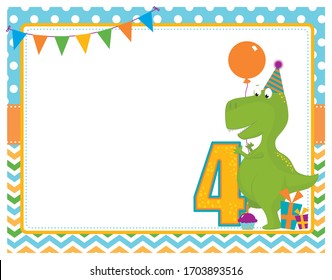 A vector illustration of a blank empty fourth birthday party invitation frame with a cute Tyrannosaurus Rex dinosaur holding a balloon and wearing a party hat with gifts and space for your message