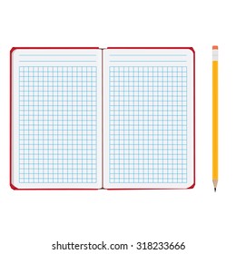 Vector illustration of blank empty  notepad, notebook. Opened notebook. Squared sheet paper and pencil