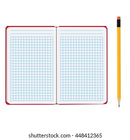 Vector illustration of blank empty notepad, notebook. Opened notebook. Lined paper and yellow pencil