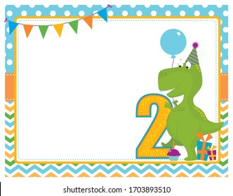 A vector illustration of a blank empty second birthday party invitation frame with a cute Tyrannosaurus Rex dinosaur holding a balloon and wearing a party hat with gifts and space for your message