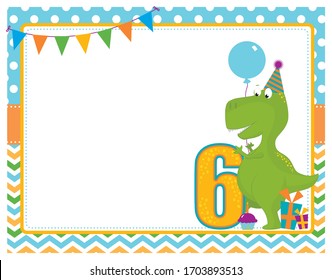 A vector illustration of a blank empty sixth birthday party invitation frame with a cute Tyrannosaurus Rex dinosaur wearing a party hat, holding a balloon with gifts