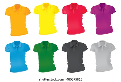 Vector illustration of blank female polo t-shirt template, front design in many color isolated on white