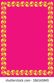 vector illustration of blank, fuchsia banner, framed with yellow geometric motif