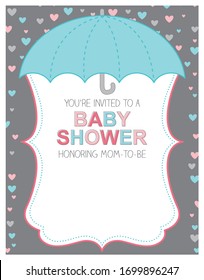 Eine Vektorillustration, die eine leere geschlechtsneutrale Babydusche mit einem Regenschirm und rosa und blauen Herzen anzeigt
