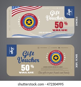 Vector illustration blank gift voucher of Patriot Day on light brown and brown background with flag, badge and waves.