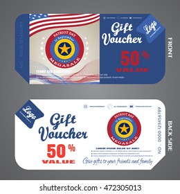 Vector illustration of blank gift voucher of Patriot Day megasale on blue and white background with labels.