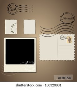 Vector illustration of a blank grunge post stamps, postcard and photo frame.