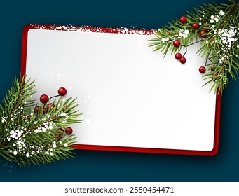 Vector illustration of a blank holiday card bordered with pine branches, red berries, and snow accents, on a festive background.