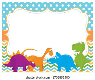 A vector illustration of a blank invitation card with a group of cute fun cartoon dinosaurs and room for a message