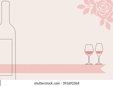 vector illustration of blank invitation card, with copy space, with delicate rose, ribbon and wine bottle and glasses design